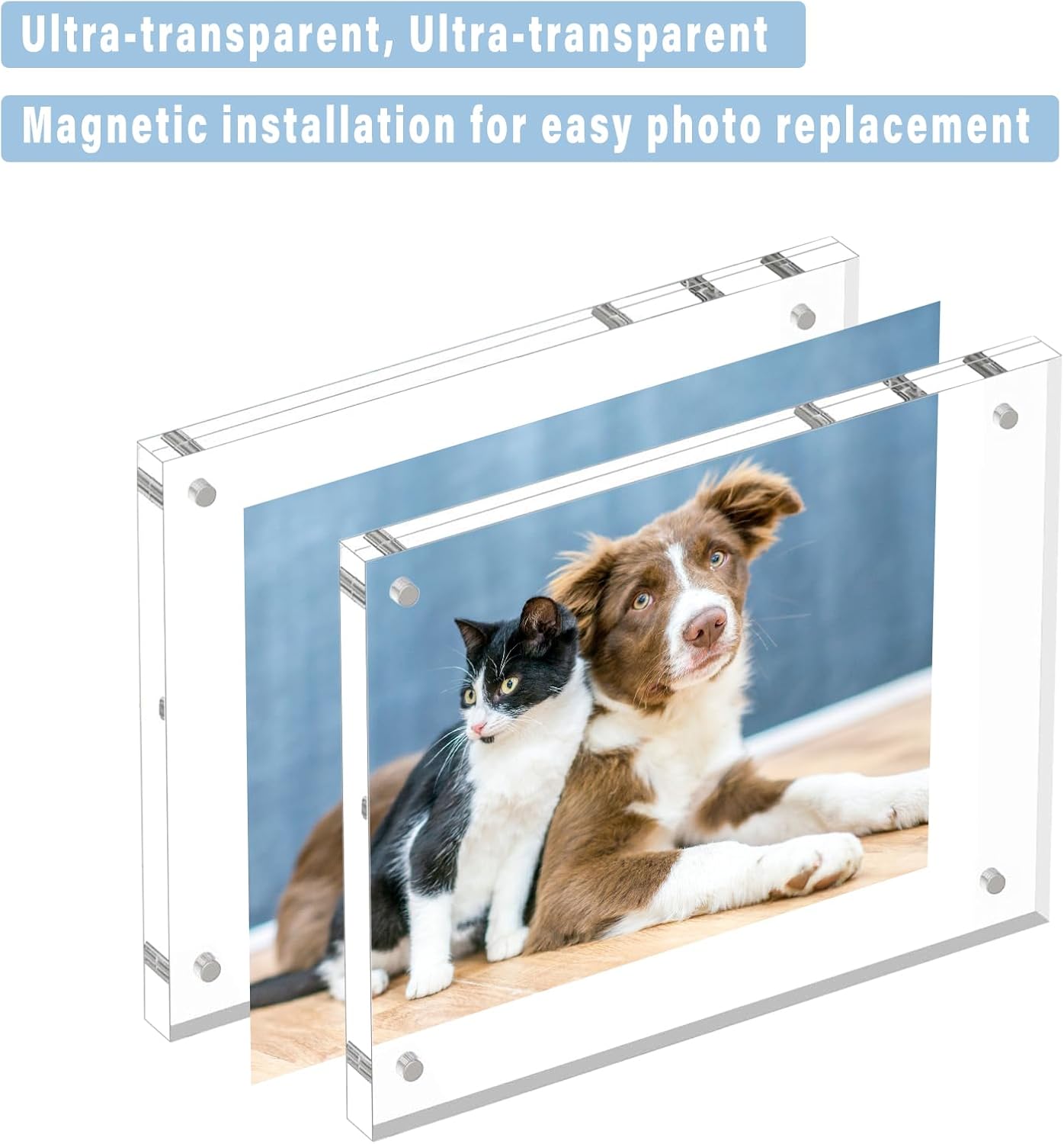 HELPLEX 2 Pack 8x8 Acrylic Picture Frames, 24mm Thicker Square Frameless Clear Frame Double Sided Magnetic Frame, Free Standing Desktop Display Stand