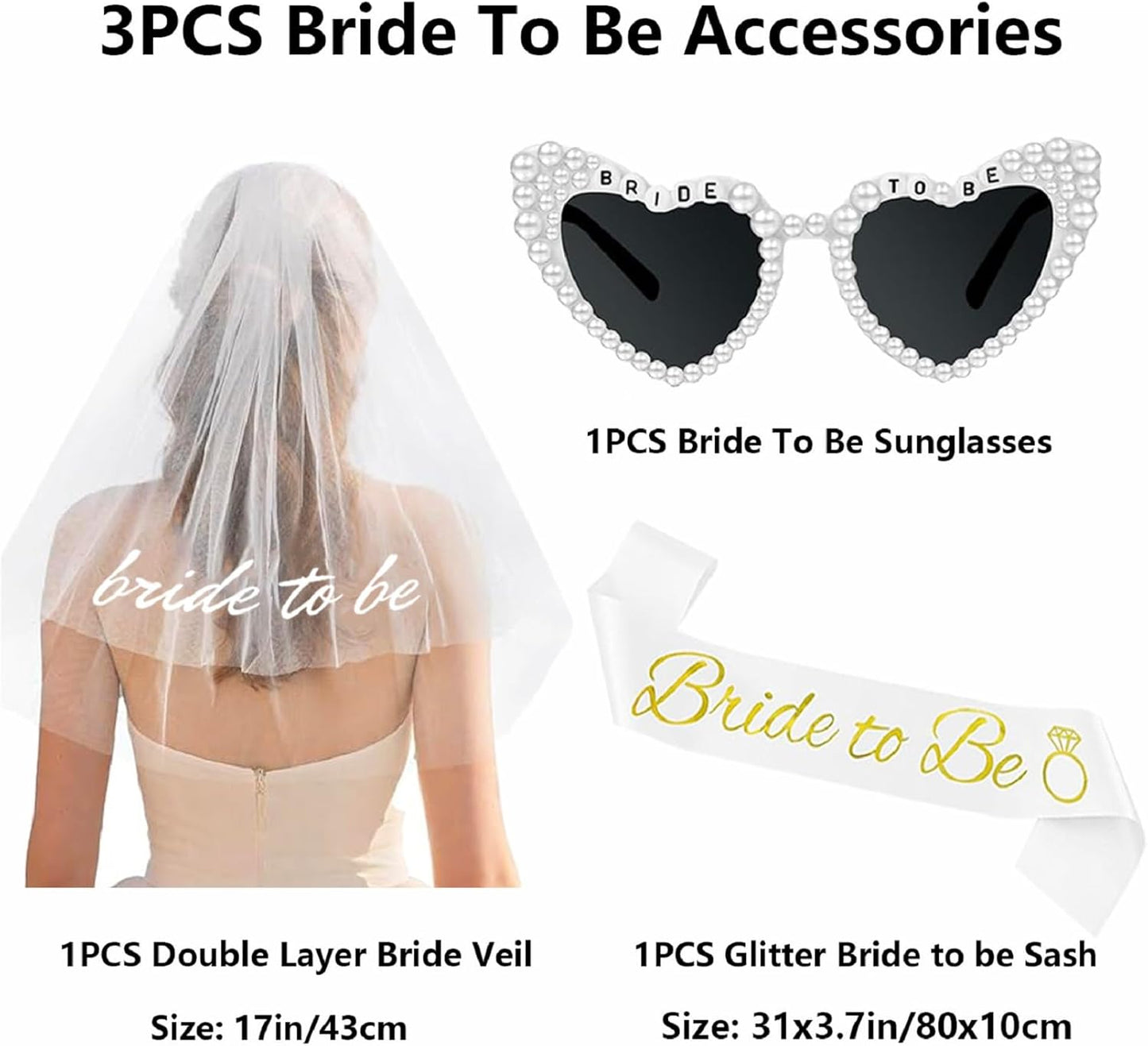3PCS Bride To Be Veil White Print Bridal Veils Bride Sash and Pearl Sunglasses for Bachelorette Party