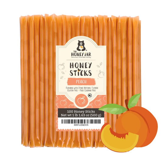 The Honey Jar Peach Flavored Honey Sticks - Pure Honey Straws For Tea, Coffee, or a Healthy Treat - One Teaspoon of Flavored Honey Per Stick - Made In The USA with Real Honey - (100 Count)