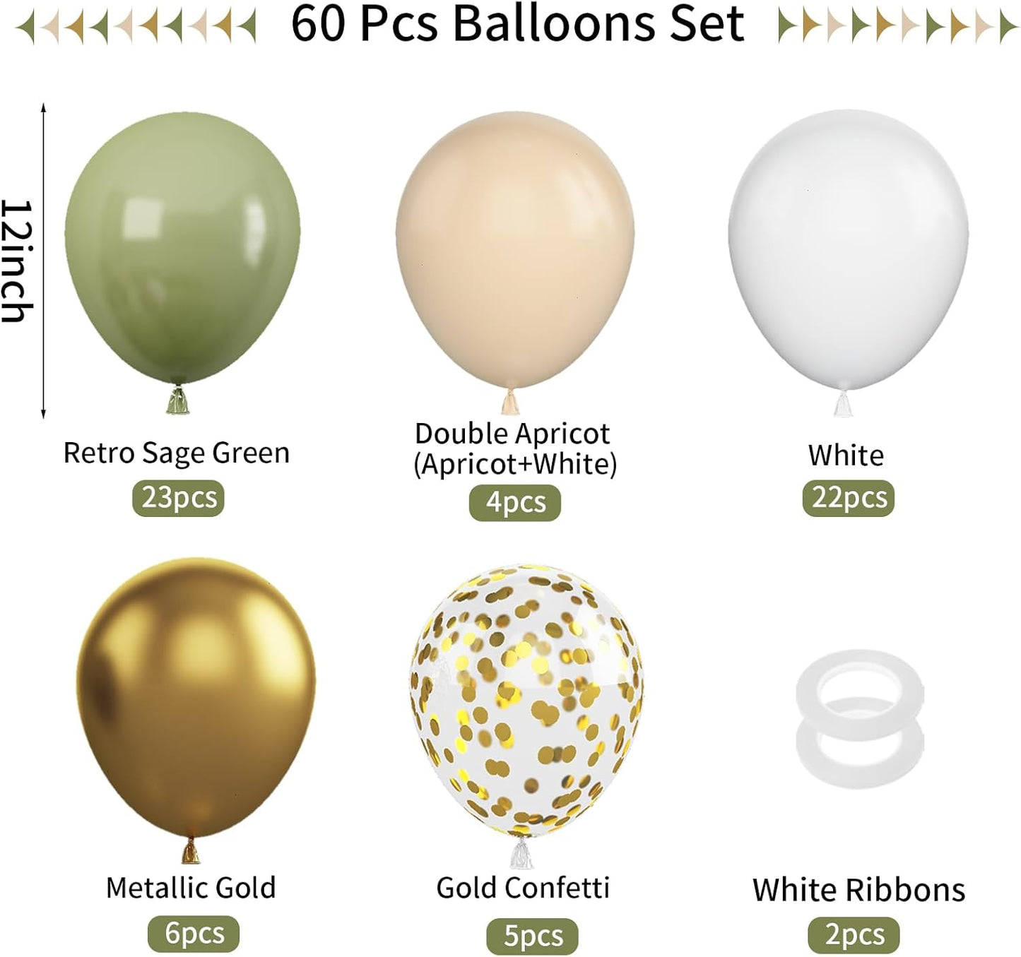 Green & Gold Balloons - 60 Pcs Sage Green & Apricot, 12 Inch Metallic Gold Confetti, Retro Green Latex for Baby Shower, Wedding, Birthday, Jungle Animal Theme Party Decorations