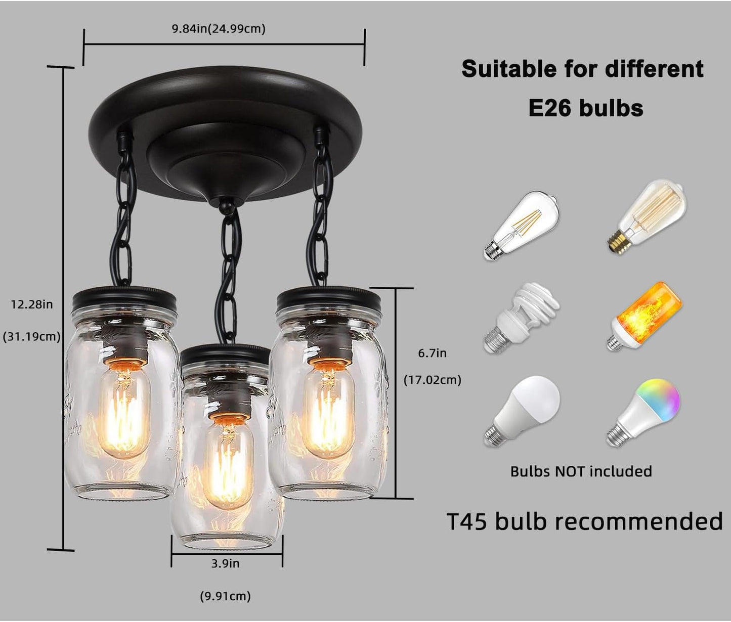 Glass Mason Jar Light Fixtures, 3-Lights Pendant Ceiling Lights Flush Mount - Black Country Farmhouse Lights for Kitchen Dining Room Foyer Stairway Hallway Entryway Porch