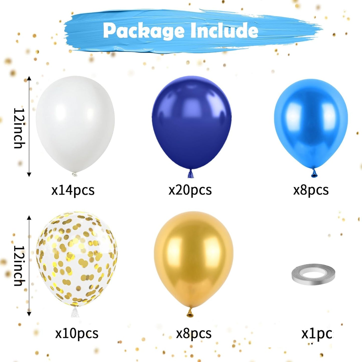 Navy Blue and Gold Balloons, Metallic Golden and Blue Balloon Navy and White Latex Balloons Gold Confetti Party Graduation Balloon for Birthday Baby Shower Wedding Decorations