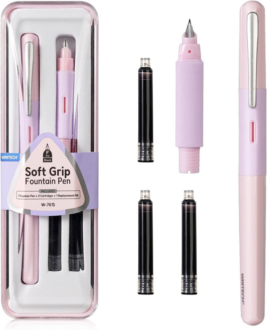 WRITECH Fountain Pen Soft Grip: Fine Nib Black Ink Pen with 3 Ink Cartridges and 1 Replacement Nib Set Smooth Writing for Journaling Calligraphy Gift (Pink)