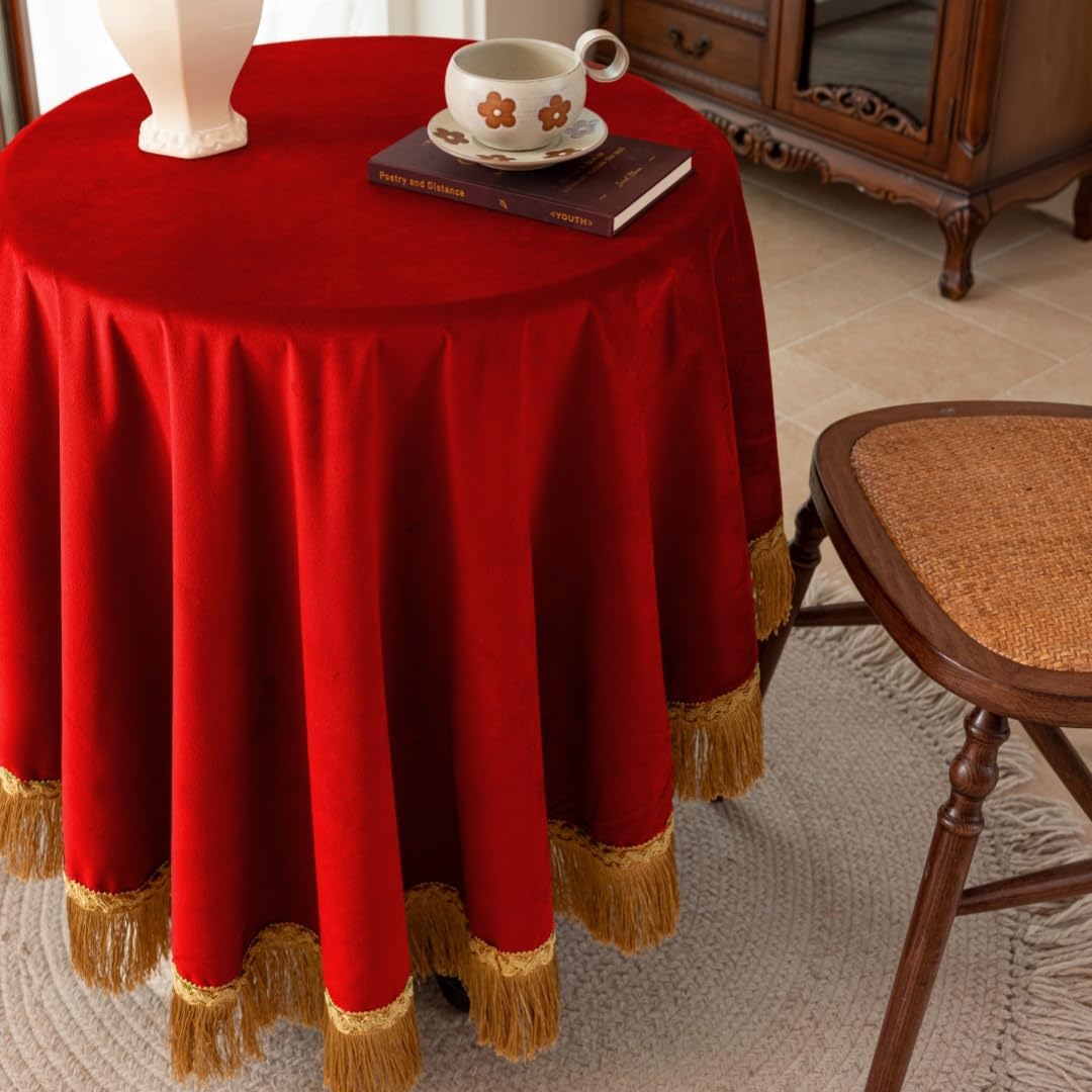 F-CHU Red Tablecloth Thickset Velvet Tablecloth with Beautiful Gold Tassels Vintage Table Cloth for Home Decor Wedding, Party, Banquet and Events 48" Round