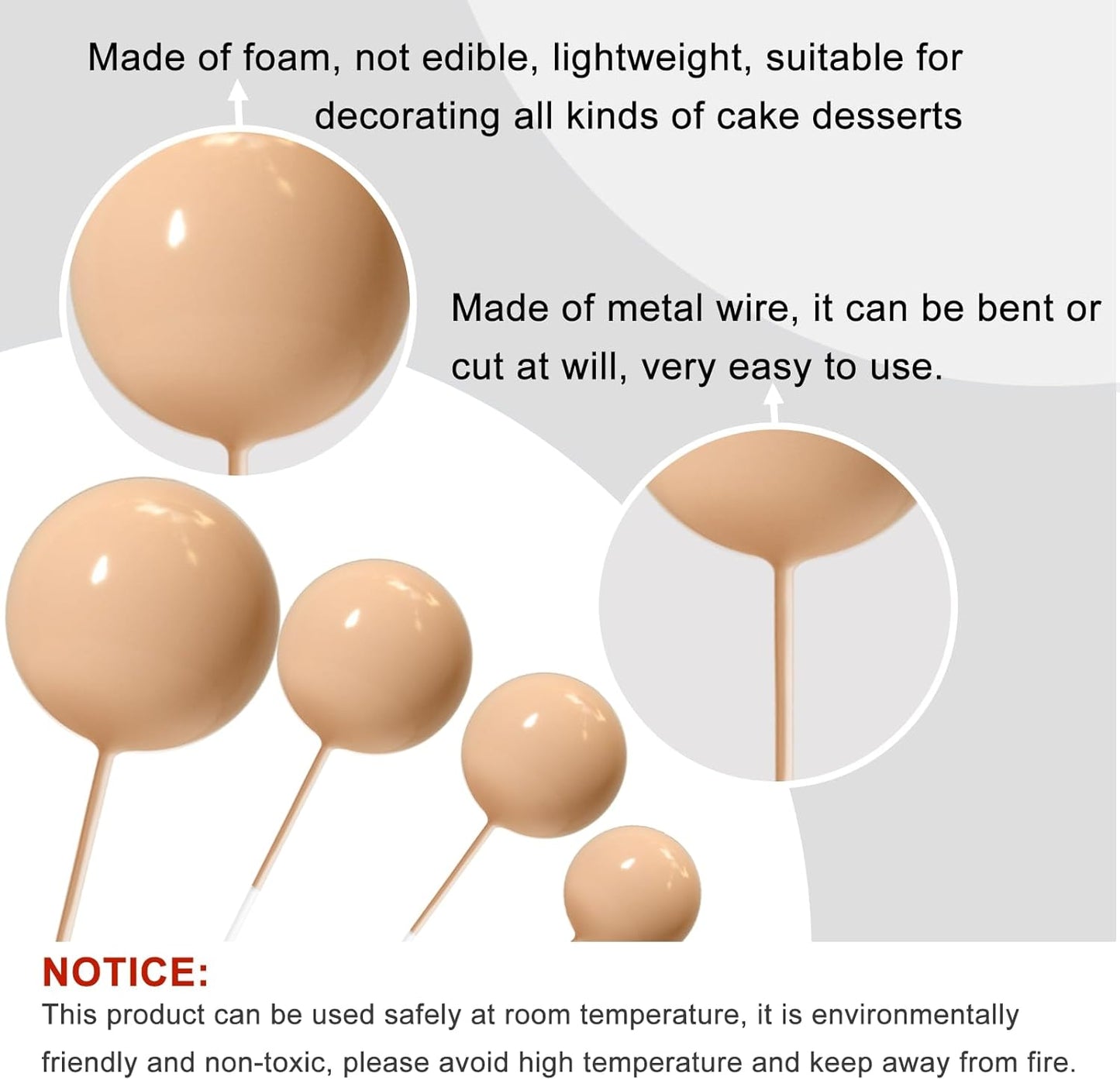 ASTARON 20 Pcs Ball Cake Topper Decorations Mini Balloons Cake Topper Sticks Light Brown Balls Cake Picks Cake Topper Balls Cake Decorations for Wedding Birthday Cake Decorations