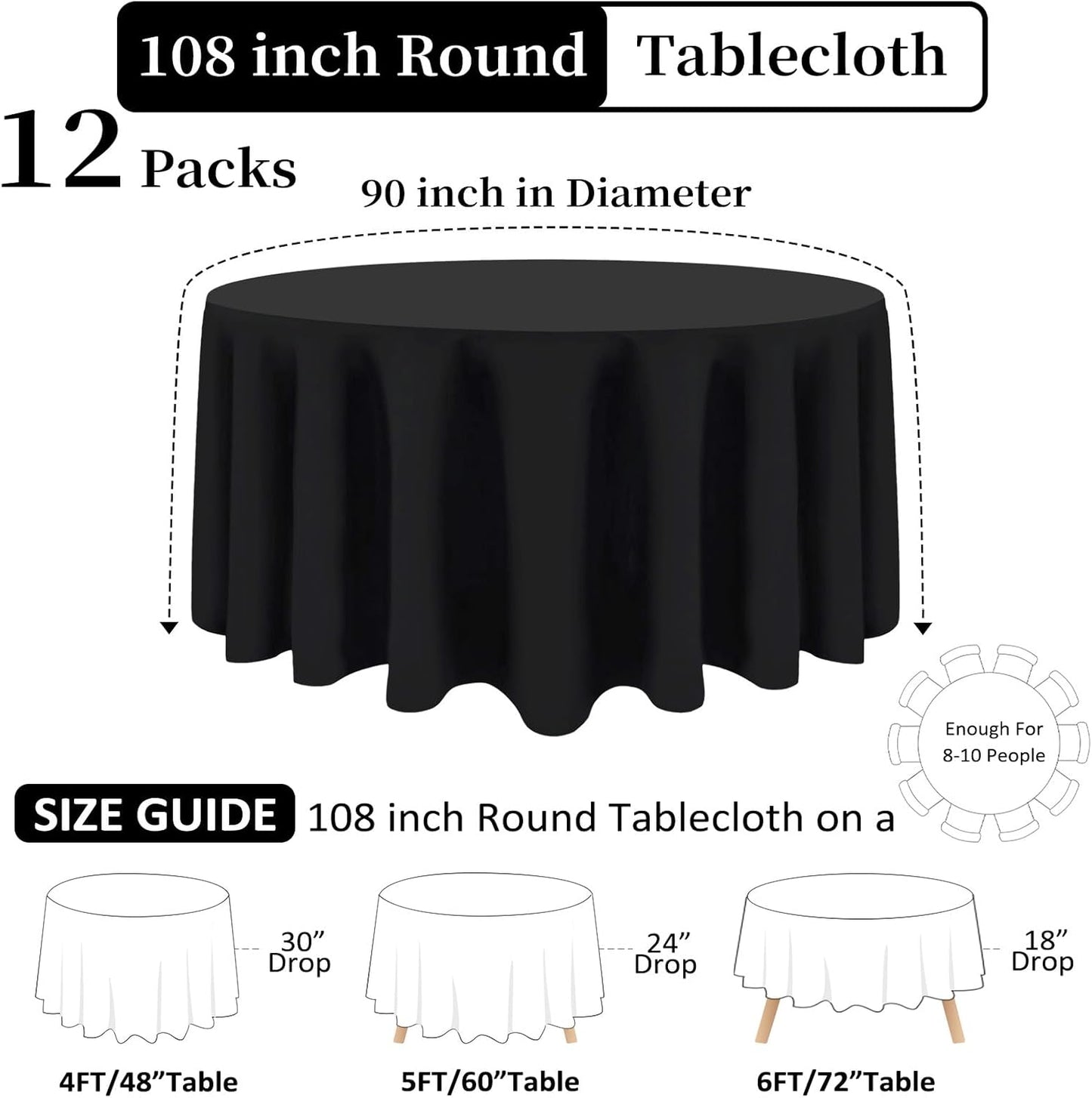 12 Pack Black Round Tablecloth 108 Inch Black Table Cloth Stain and Wrinkle Resistant Round Tablecloths Reusable and Washable Polyester Fabric for Buffet Wedding Party and Banquet
