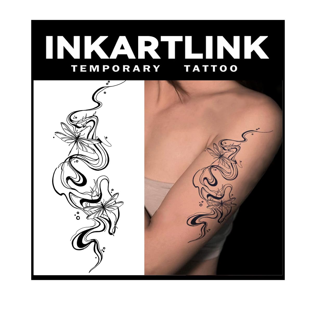 INKARTLINK Tattoo Tech, 2 Sheets Large Semi Permanent Tattoo, Temporary Tattoos, Last 1-2 Weeks, Waterproof, Realistic Look, No Adhesive, No Reflection （Flower INK Design)294
