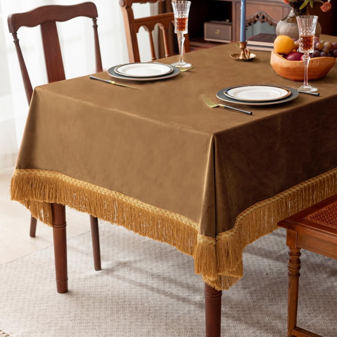 F-CHU Luxury Camel Tablecloth Thickset Velvet Tablecloth with Beautiful Gold Tassels Vintage Table Cloth for Home Decor Wedding, Party, Banquet and Events 60x60-Inch