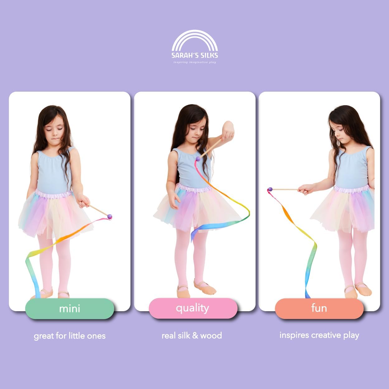 Sarah's Silks Mini Rainbow Streamer - Long Ribbon Wand for Kids, Pretend Play, Dance, Baton Stick Twirling, and Gymnastics Party Favors | 100% Silk and Wood Montessori and Waldorf Toys (1)