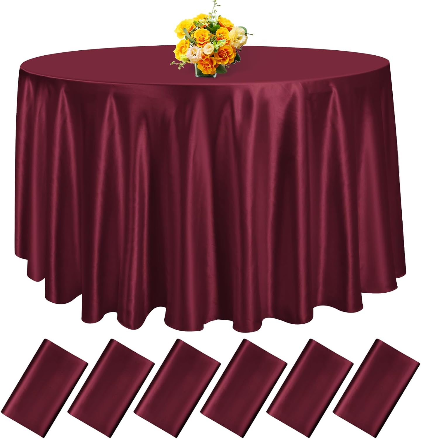 fani 6 Pack 120 Inch Burgundy Satin Tablecloth - Premium Bright Silky Round Tablecloth Overlay Smooth Fabric Table Cover, Table Decoration for Wedding Party Banquet Events Restaurant Kitchen Dining