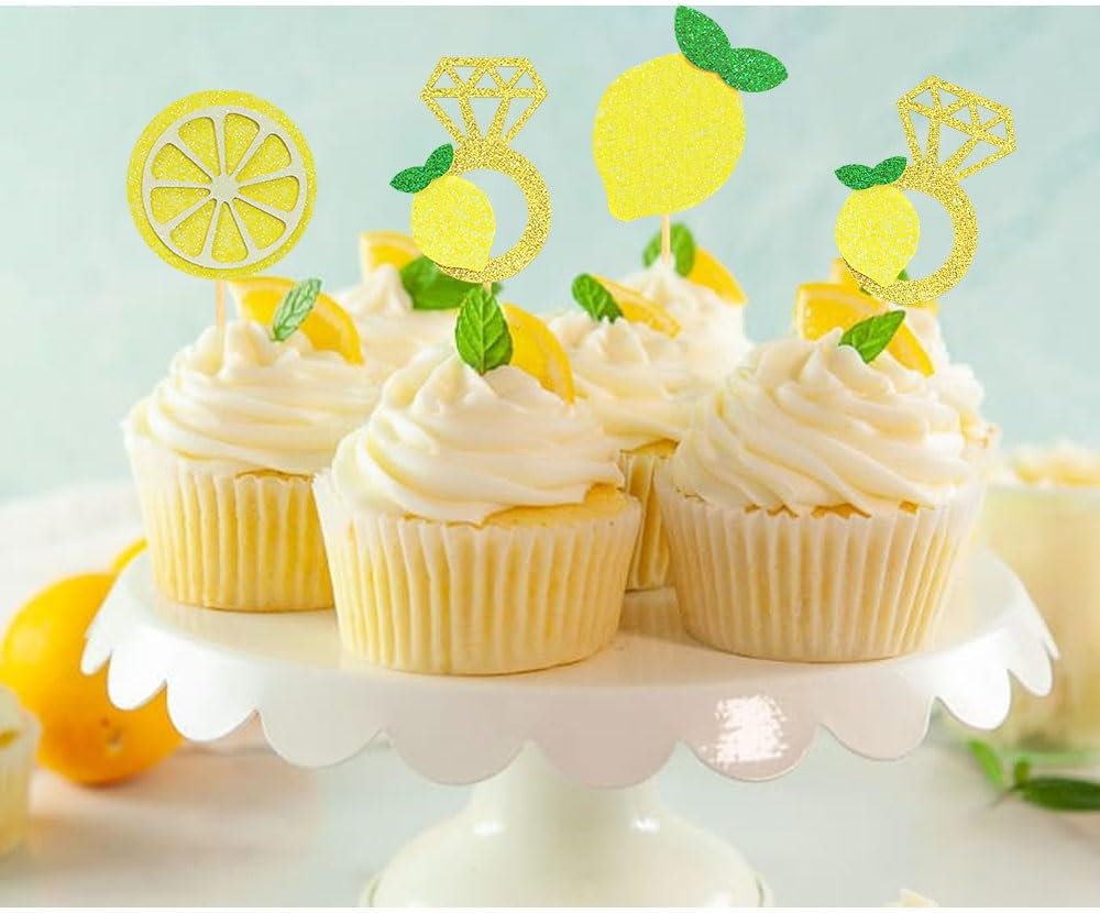Glitter Lemon Cupcake Toppers Picks for Wedding Engagement Bridal Shower Bachelorette Party Decoration - Set of 24