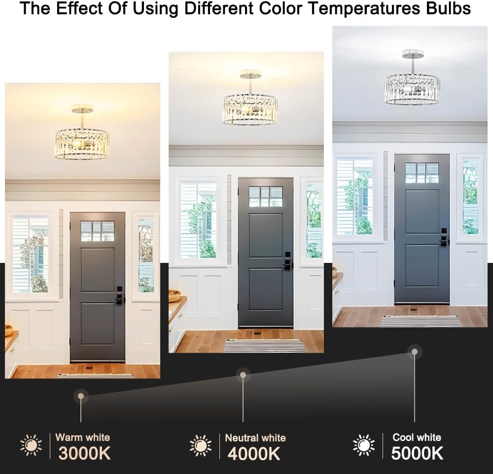 Modern Crystal Ceiling Light, Chrome Semi Flush Mount Ceiling Lighting Fixture, Hallway Light Fixtures Chandelier for Kitchen, Bedroom Dining Room Hallway Closet, 3-Light, 12 Inch