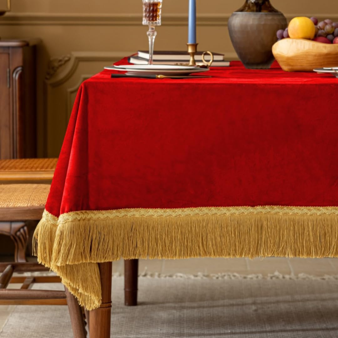 F-CHU Red Tablecloth Thickset Velvet Tablecloth with Beautiful Gold Tassels Vintage Table Cloth for Home Decor Wedding, Party, Banquet and Events 60x86-Inch