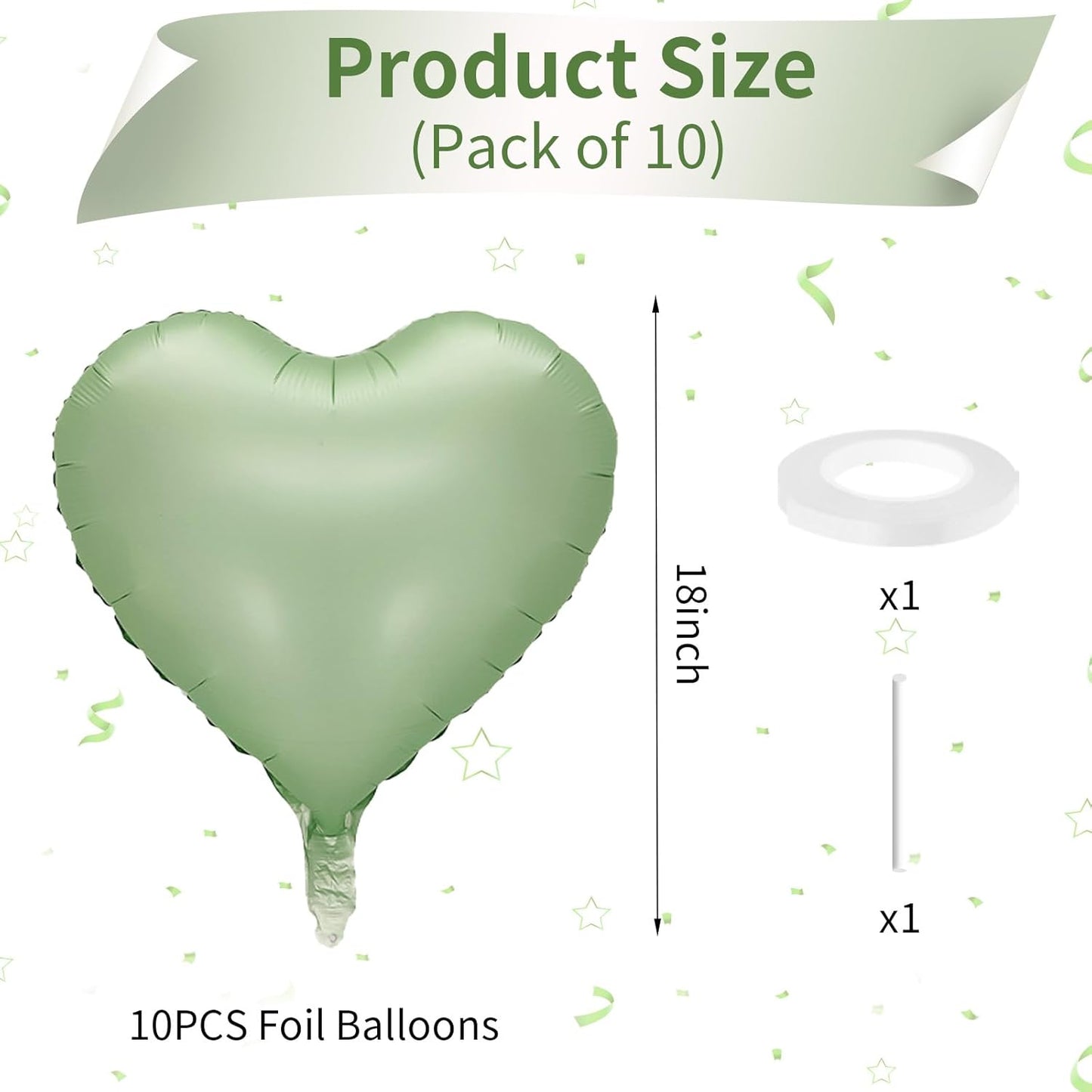 Sage Green Heart Balloon, 10PCS Green Foil Heart Balloons, 18inch Olive Green Heart Shape Balloons for Helium Birthday Party Decorations for Jungle Brithday Party, Valentines Day, Wedding, Anniversary