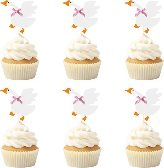 12PCS Silly Goose Cupcake Toppers, Funny Goose Birthday Cake Decorations White Goose Baby Shower Theme Decorations Party Supplies for Baby Boy Girls Birthday Party Decorations