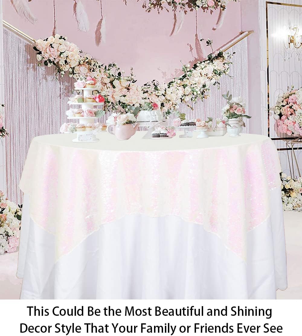 ShinyBeauty Sequin Tablecloth - Square 54x54-Inch Iridescent White Table Cloths for Round Table - Glitter Tablecloth Linen for Party