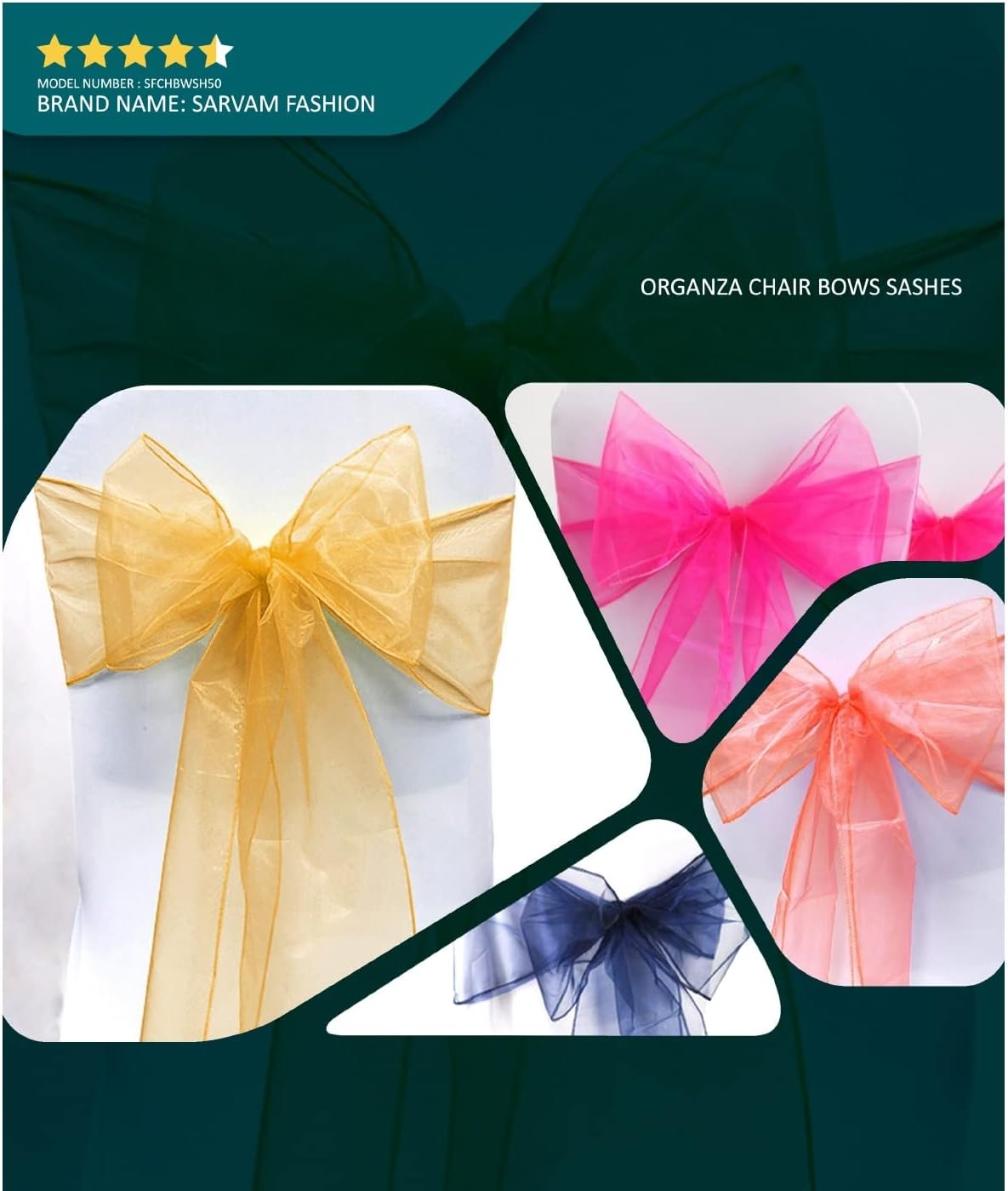 Organza Chair Bow Sash Décor Bows Sashes for Wedding Reception Events Banquets Decoration - (Pack of 25, Black)