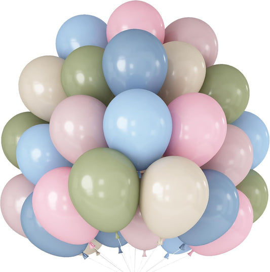 Pink Blue Green Balloons 12inch 60pcs Pale Pink Beige Light Pastel Blue White Sand Dusty Green Helium Latex Balloon for Arch Boho Birthday Garden Tea Party Decorations Bridal Baby Shower Wildflower