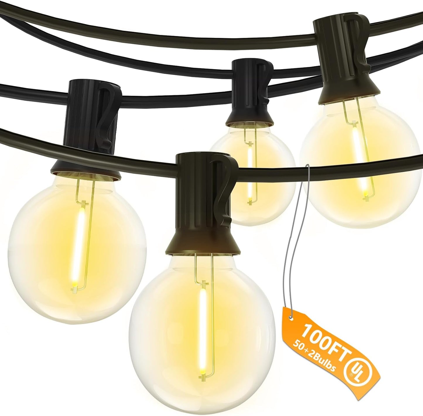 SUNSGNE 100Ft LED Outdoor String Lights - G40 Globe String Lights Waterproof Shatterproof with 52 Dimmable LED Bulbs for Room Party Bistro Pergola Tents, Black Wire