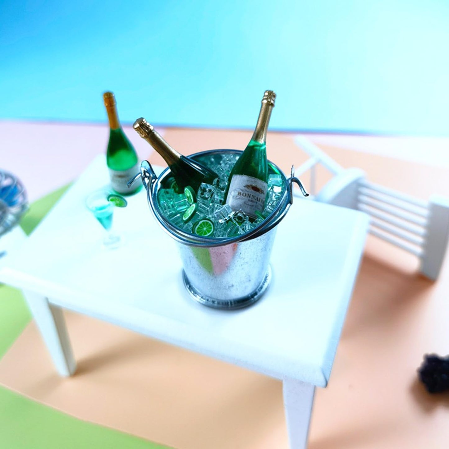 Miniature Champagne Bottle with 2 Glasses, 1:12 Dollhouse Champagne Bottle, Tiny Champagne Bottle Glasses, for Dollhouse, Fairy Garden, Miniature Bar (2 Champagne Bottle and 1 Bucket with Ice)