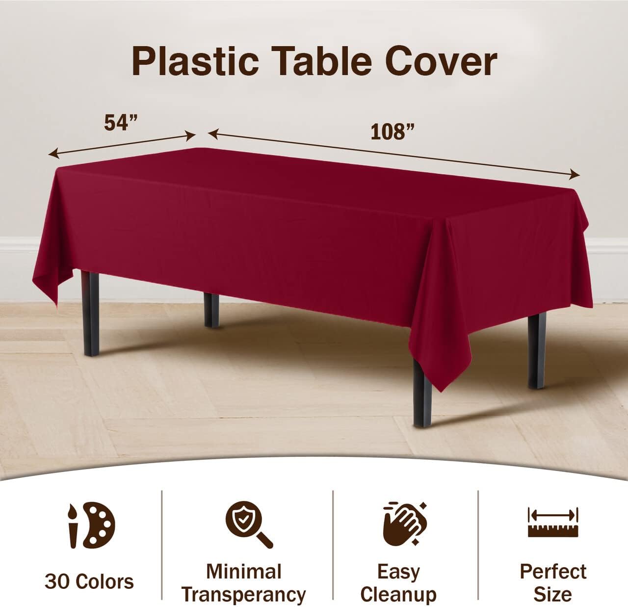 Party Solids Pack of 12 Premium Plastic Tablecloth 54 Inch x 108 Inch Rectangle Table Cover - Burgundy