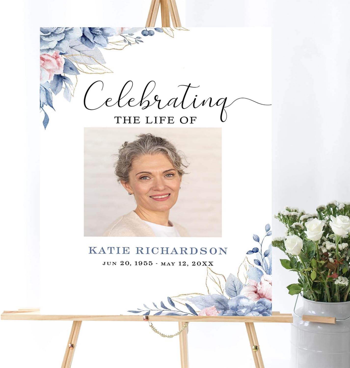 Blue Roses Memorial Sign Navy Blue Funeral Welcome Sign for Women Blue Flowers Female Memorial Sign Celebration of Life, Funeral Décor, Funeral program