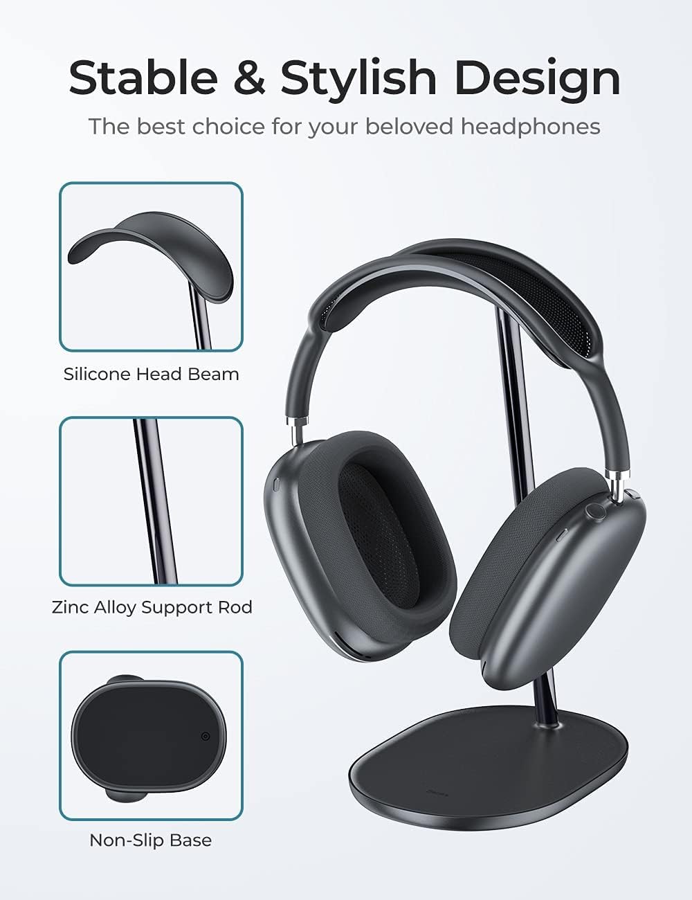 BENKS Desktop Headphone Stand Universal Headset Holder Hanger Mount with Protective Silicone Pad, Gaming Headset Accessories, Compatible with AirPods Max, Beats, Bose, Sony and so on(Black)