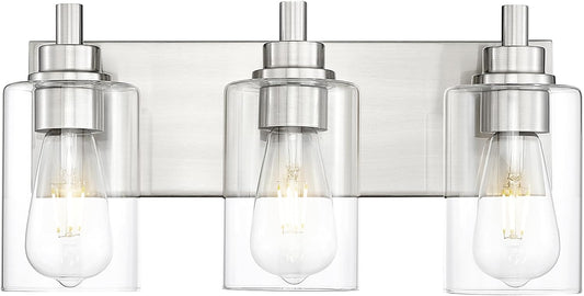 3-Light Bathroom Light Fixtures, Brushed Nickel Vanity Light with Cylinder Clear Glass Shade, Modern Vanity Lighting Fixtures Over Mirror, VL143-BN-3