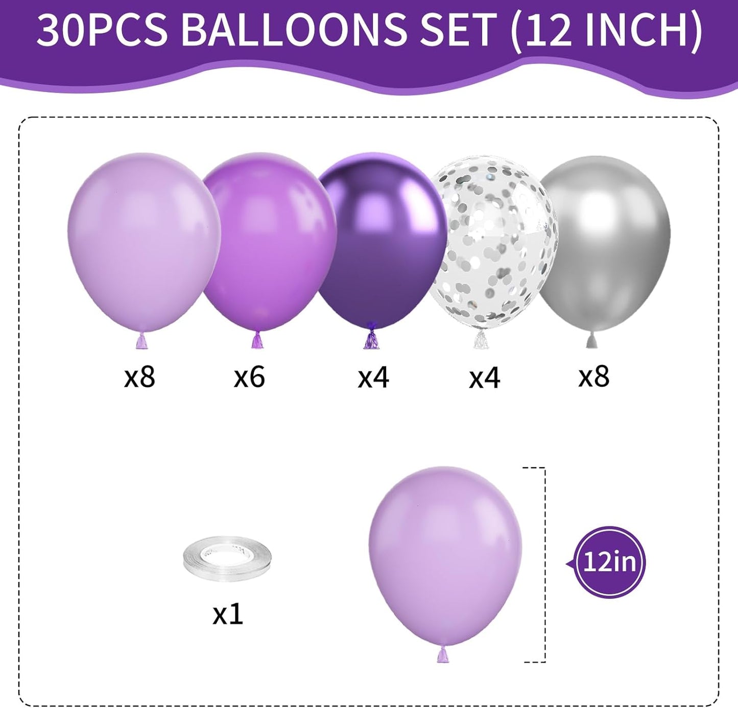 Purple and Silver Balloons, 12 Inch Purple Ballons,Silver Confetti Balloon Pastel Purple Metallic Balloon,for Wedding Birthday Baby Shower Graduation Party Decorations Supplies