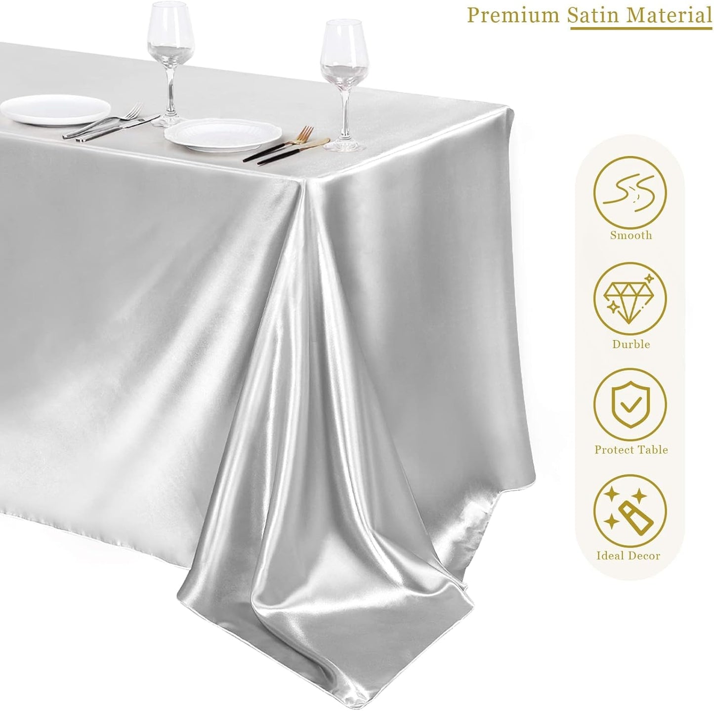 TURSTIN 4 Packs Silver Satin Tablecloth 102 x 58 Inch Overlay Satin Table Cover Rectangle Bright Silk Tablecloth Smooth Fabric Table Decoration for Wedding Banquet Party Events