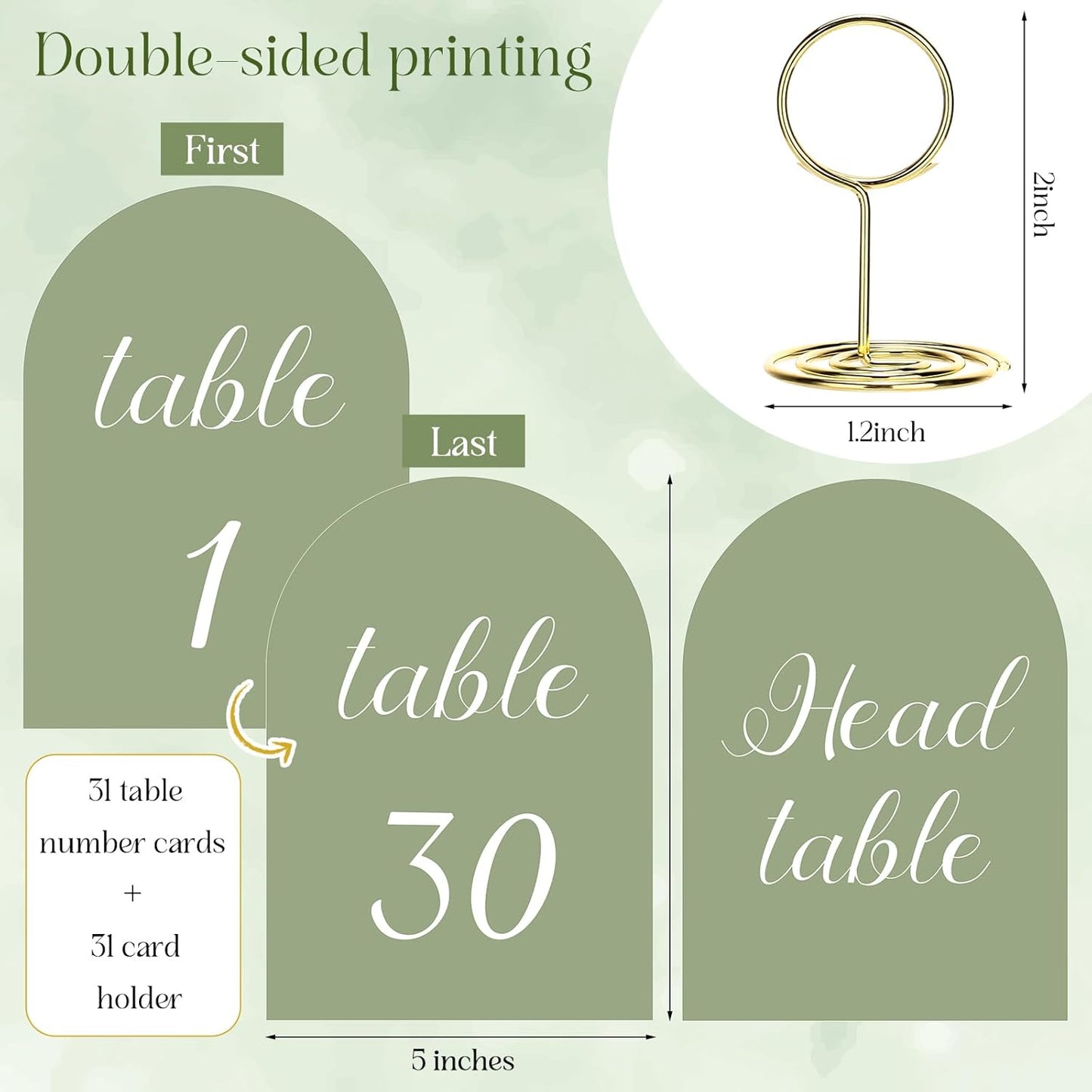 Green and White Table Numbers 1-30 with Head Table Number Card and Holders, 5 x 7 Inch Arched Place Seating Sign Double Sided for Wedding Reception Anniversary Birthday Party Restaurant