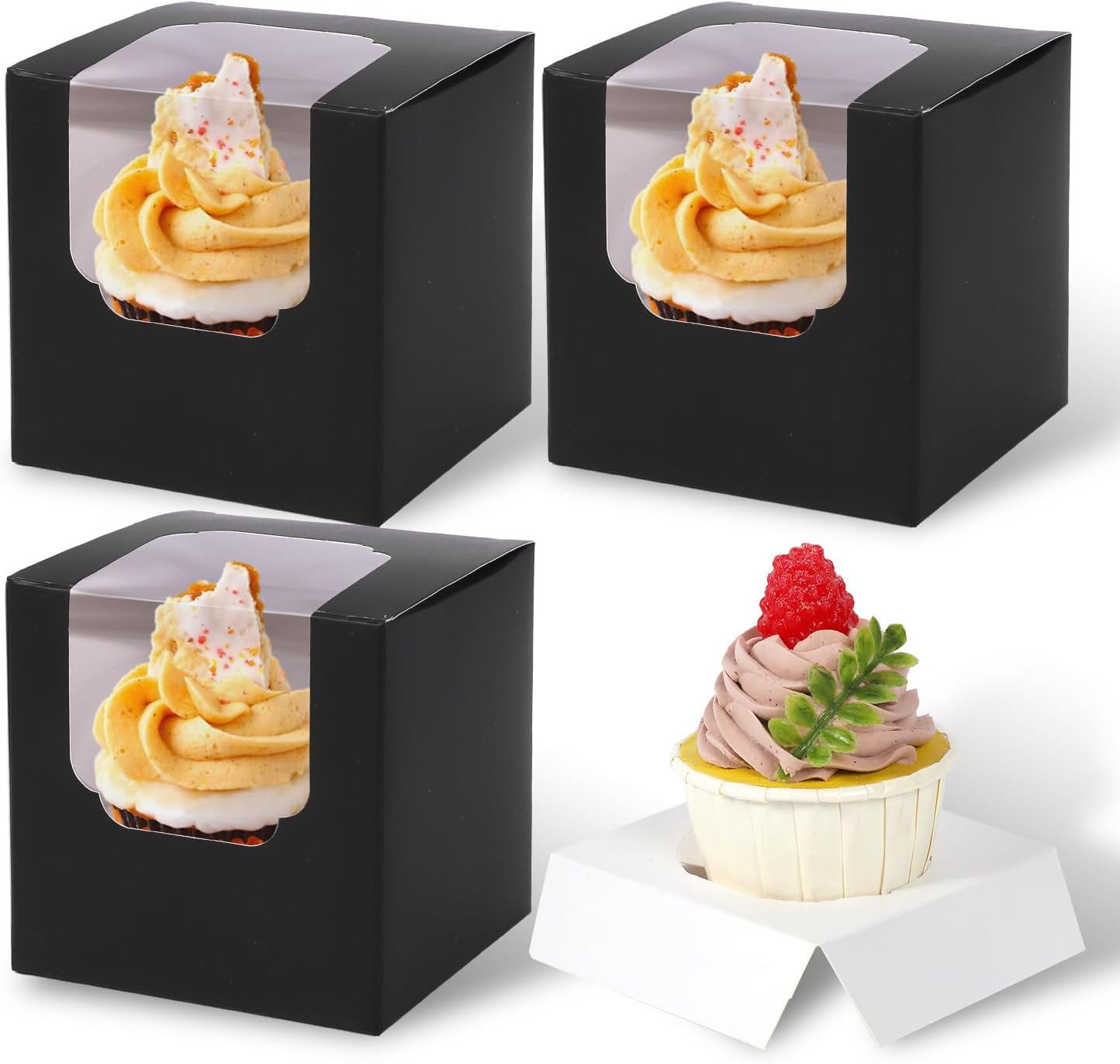 JCD 70 packs Black Cupcake Boxes Individual Cupcake Container 3.5" x 3.5" x 3.5" Auto-Pop up Single cake Box (70 Boxes+70 Inserts) (Black/70Pcs)
