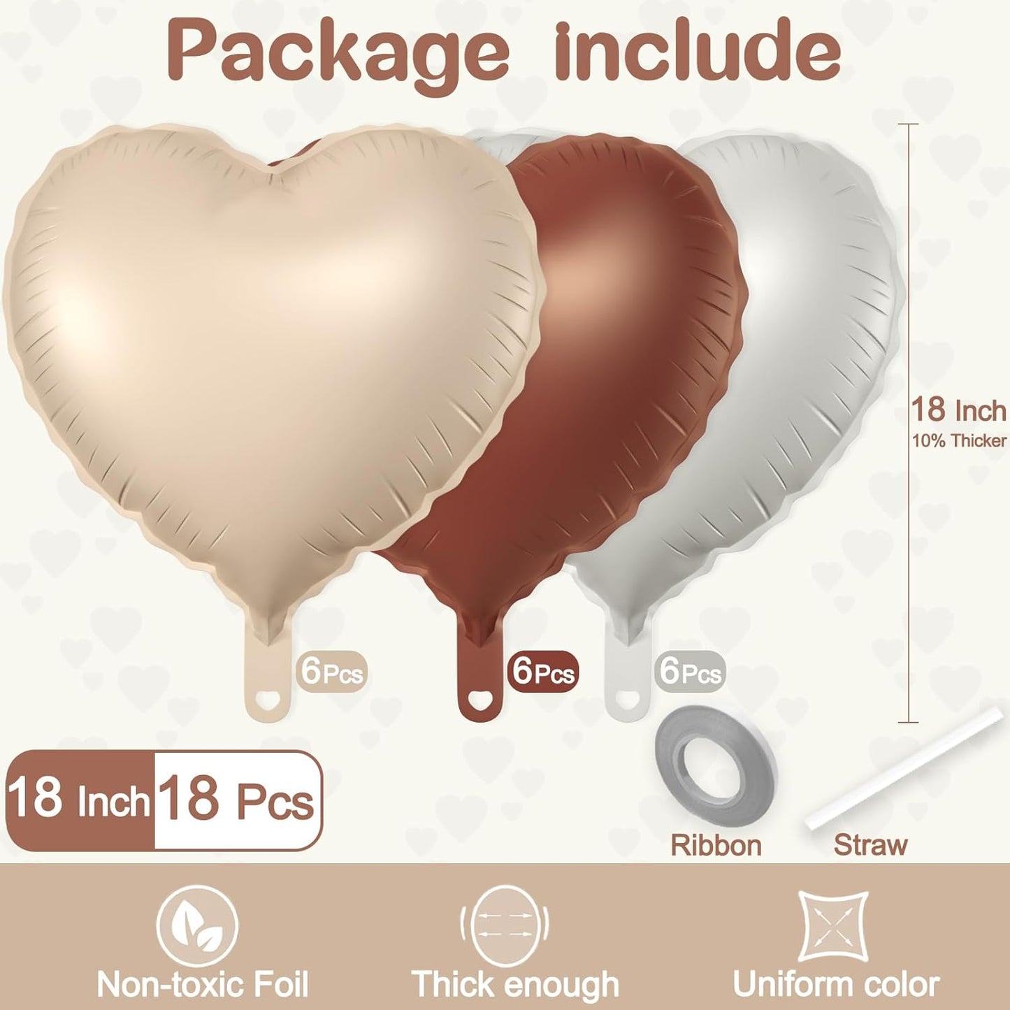 18 Pcs Heart Balloons, 18 Inch Brown Beige White Sand Heart Shaped Foil Balloons for Wedding Anniversary Birthday Party Valentine Decorations Baby Shower Bridal Shower Engagement Decorations Supplies