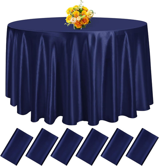 fani 6 Pack 108 Inch Navy Blue Satin Tablecloth - Premium Bright Silky Round Tablecloth Overlay Smooth Fabric Table Cover, Table Decoration for Wedding Party Banquet Events Restaurant Kitchen Dining