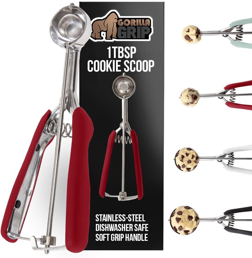 GORILLA GRIP Stainless Steel Cookie Scoop for Baking, 1 TBSP, Multipurpose Melon Baller, Meatball Spring Scoops, Perfect Portion Sizes, Easy Food Release, Scooper Size 60, BPA-Free Kitchen Tool, Red