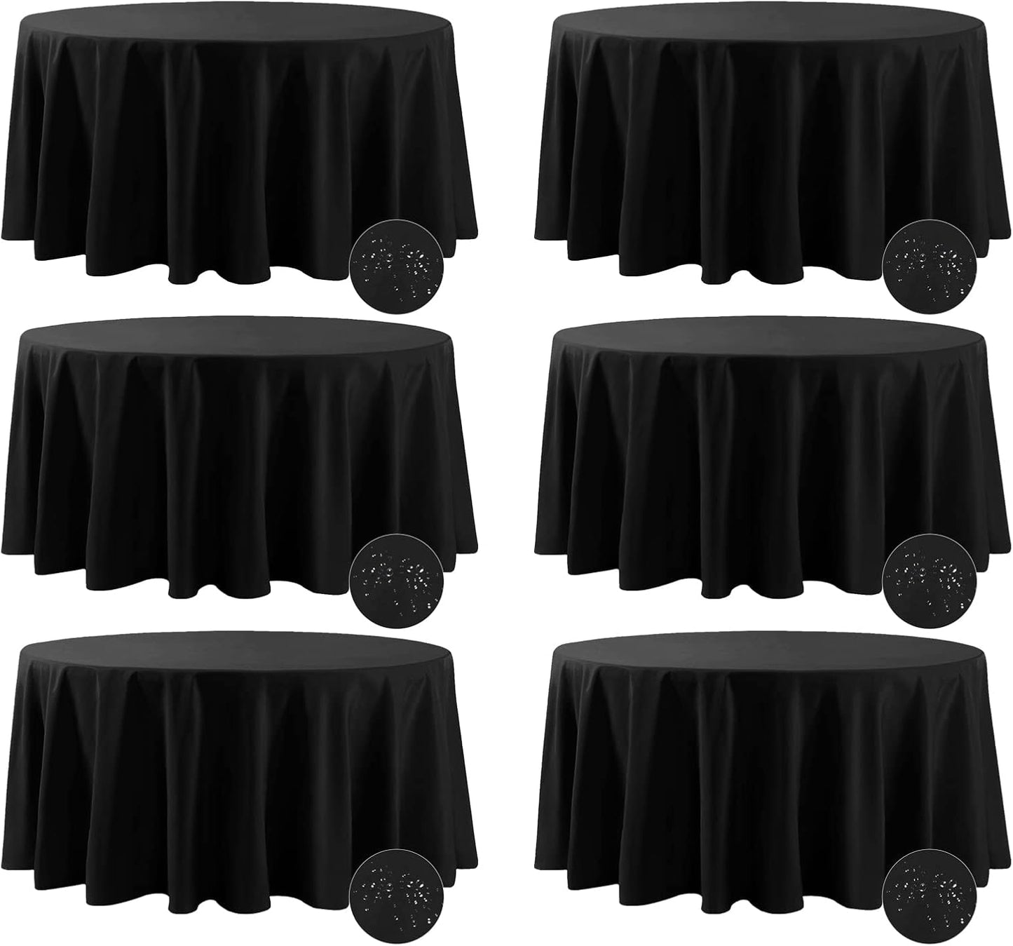 Fokitut 6 Pack Waterproof Round Tablecloth, 120 Inch, Stain Resistant and Wrinkle Polyester Table Cloth, Fabric Table Cover for Kitchen Dining, Wedding, Party, Holiday Dinner-Black