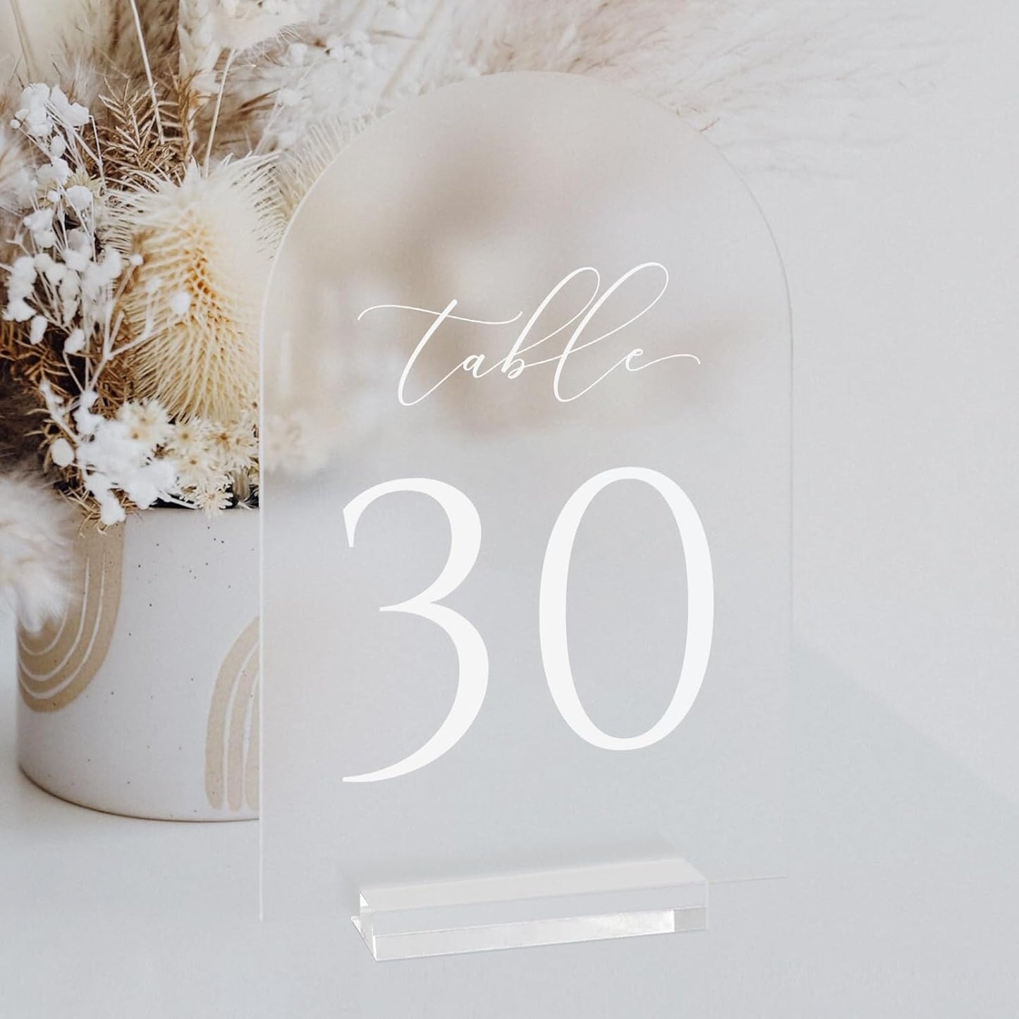JINMURY Frosted Arch Table Numbers for Wedding, 5x7 Inch Acrylic Table Numbers 1-30 with Stands, Frosted Acrylic Arch Tabletop Sign with Holder for Centerpiece, Reception, Wedding, Party, Event
