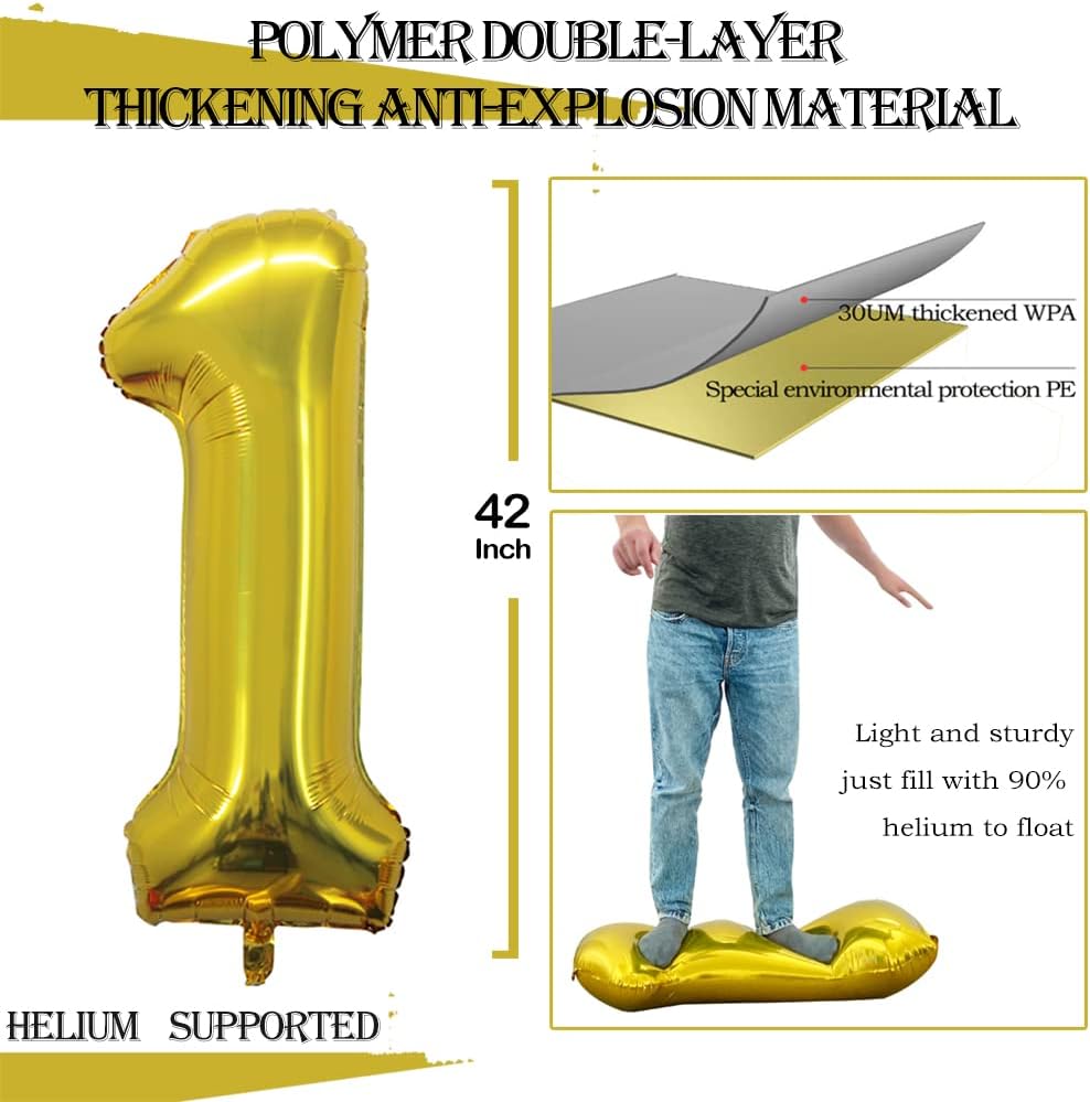 GOER Gold Foil Balloons Number 1,Huge Number Balloons for 1st 11st Birthday Party Supplies Anniversary Decorations(3 pcs,42 inch,32 inch,16inch)