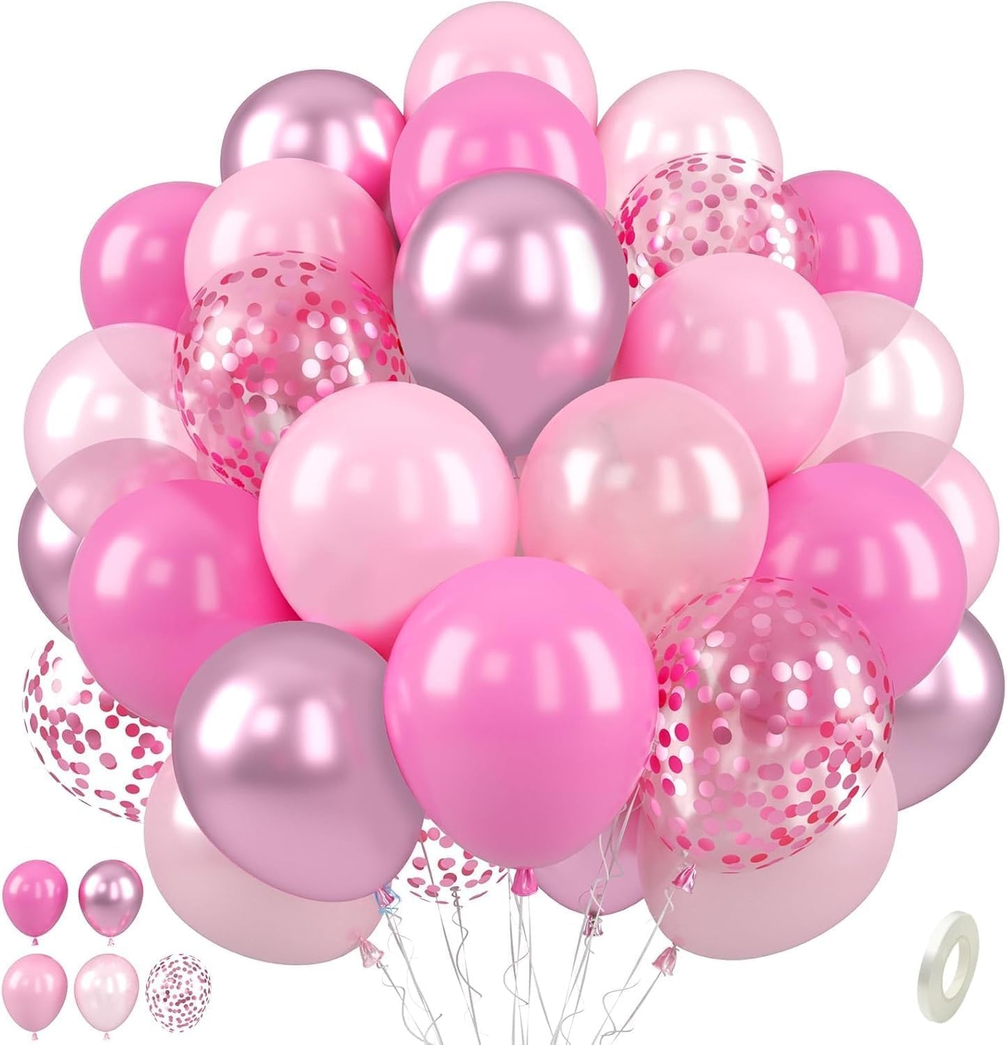 Paready Pink Balloons Set, 50 Pcs 12 Inch Metallic Pastel Pearl Light Pink Confetti Balloons Helium with Ribbon for Women Girls Wedding Bridal Baby Shower Princess Birthday Party Decorations