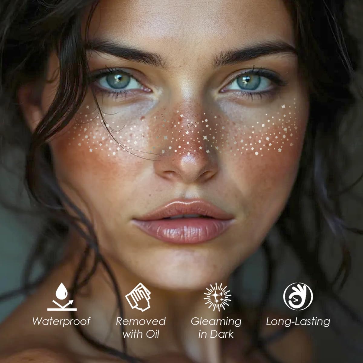 Glitter Freckles, 24PCS Glitter Freckles Face Tattoo, Sparkle Freckles for Women, Waterproof Gold Temporary Face Tattoos Glitter Glow Up Patches Makeup Patches (Silver 2Packs)