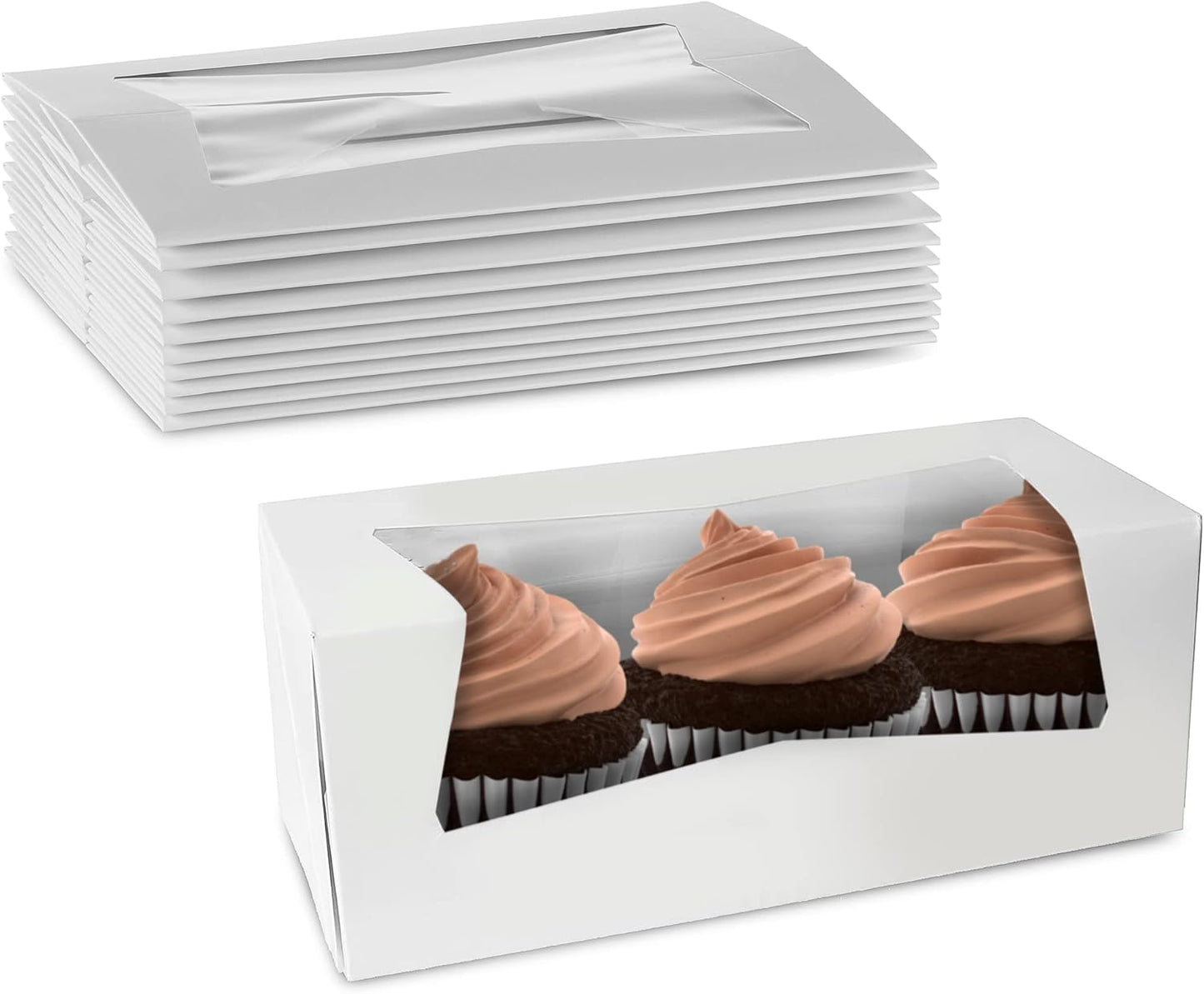 MT Products White Cupcake Boxes 9" x 4" x 3.5" - Auto Pop-Up Bakery Boxes with Window (Pack of 200) - Made in the USA