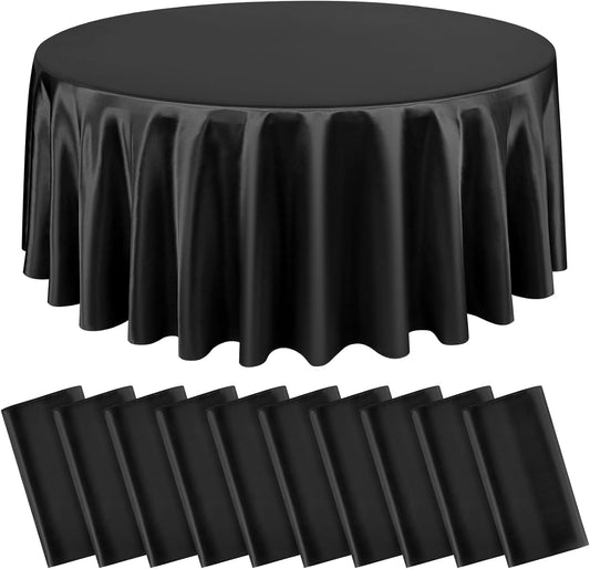 10 Packs Satin Tablecloth 120 Inch Black Round Table Cloth Silk Tablecloth Smooth Fabric Overlay Satin Table Cover Decoration for Wedding Party Banquet Events