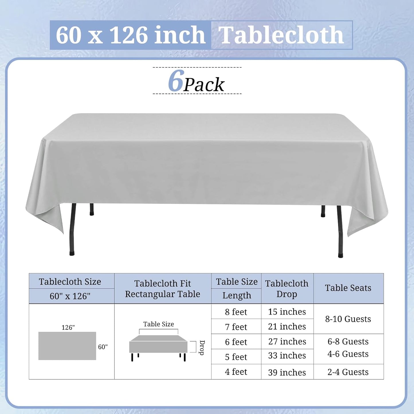 6 Pack Light Grey Rectangular Tablecloths, 60 x 126 Inch, Polyester/Fabric, Wrinkle & Stain Resistant, Classic Style, Perfect for 8ft Tables, Weddings, Banquets, Parties