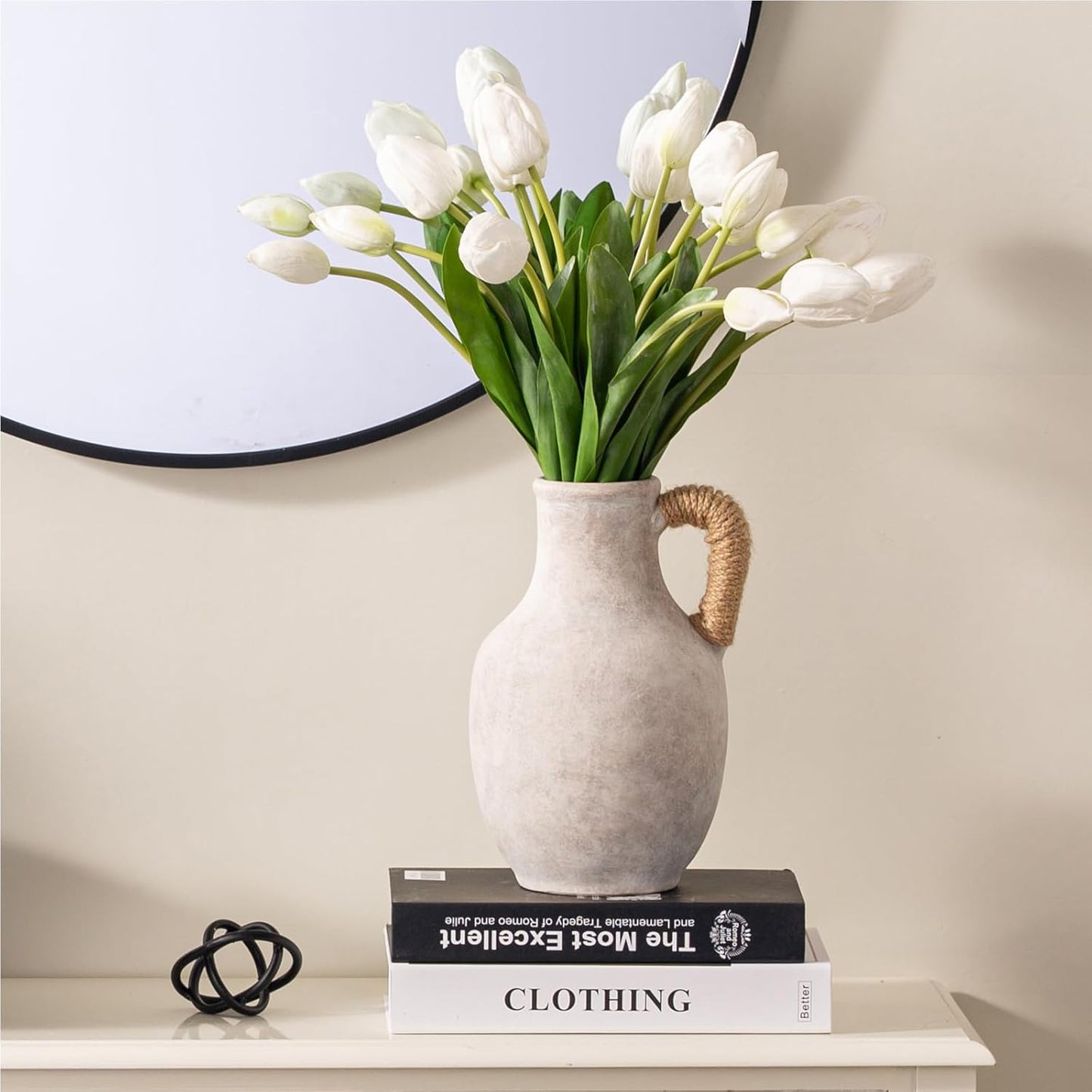 Ceramic Flower Vase Home Decor - 10 Inch Large White Rustic Table Flowers Vases Living Room Bedroom Plant Decorations Farmhouse Vintage for Kitchen Shelf Office Coffee Dining Desk House Women