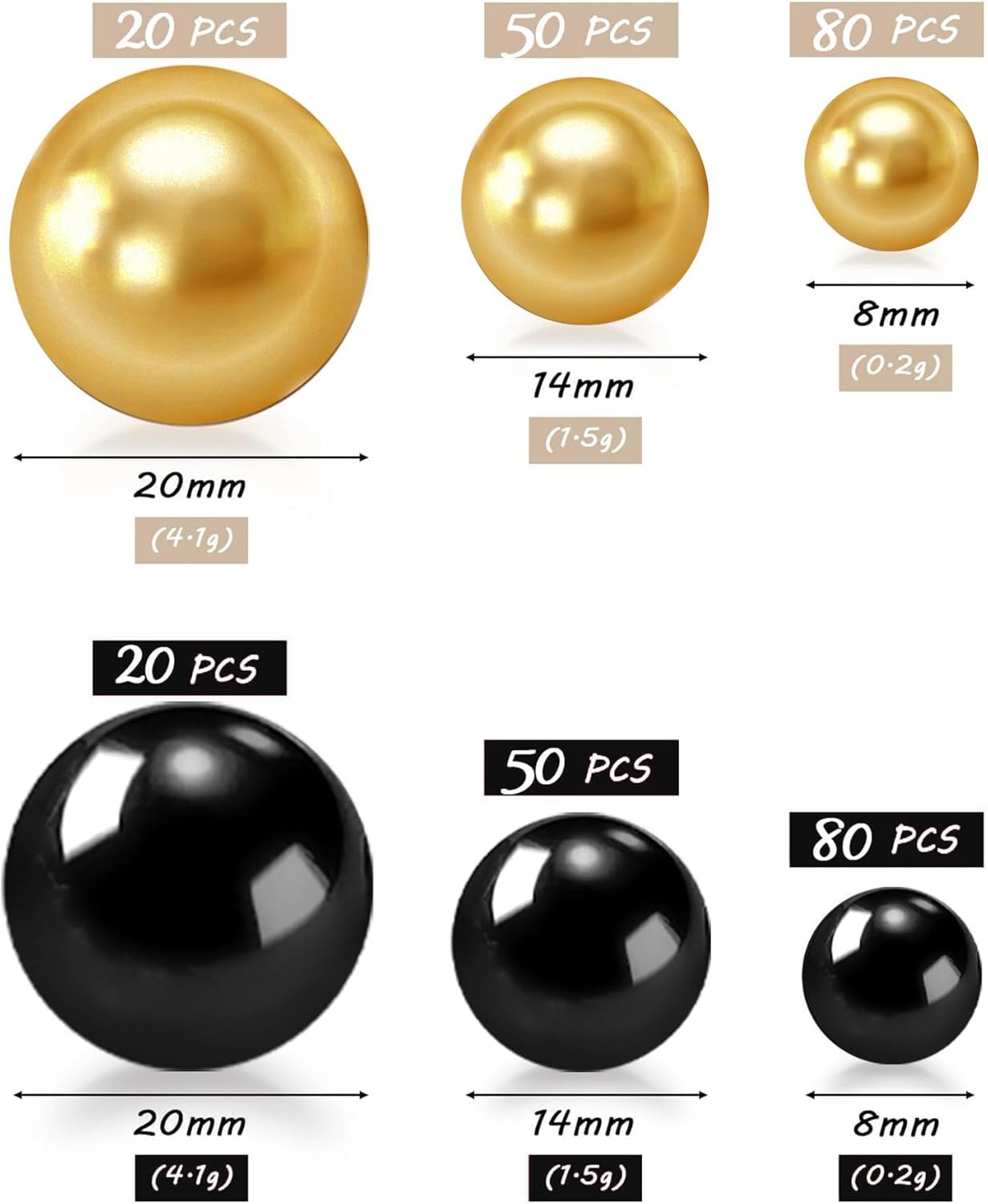 300Pcs Black&Gold Polished No Hole Faux Pearl Beads for Vase Filling Decorations, Plastic Pearls Vase Fillers, Table Scatters, Wedding Centerpiece, Home Decor, 8/14/20 mm