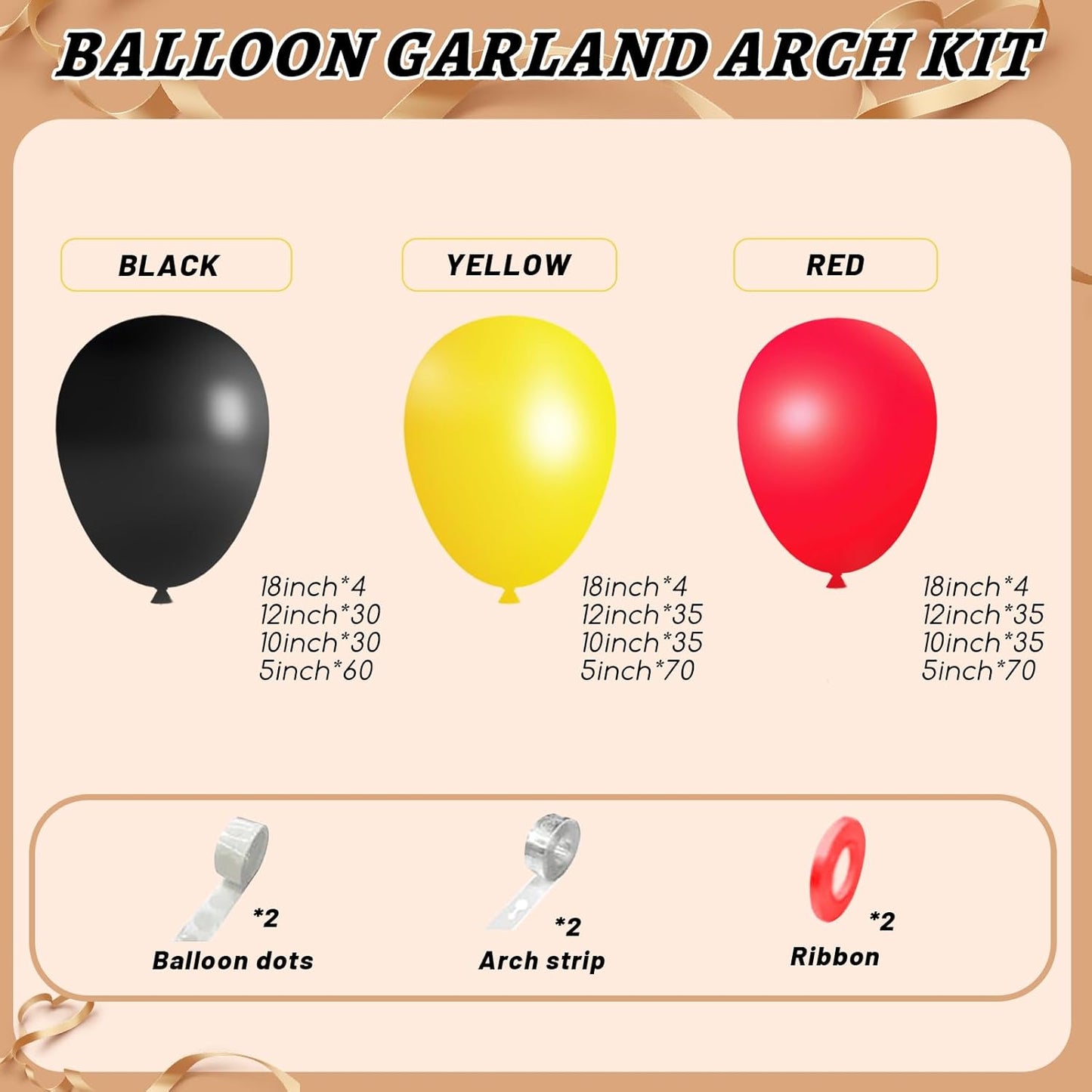 412Pcs Red Yellow Black Balloon Garland Arch Kit,18 12 10 5 Different Sizes Latex Party Balloons for Baby Shower Wedding Graduation Cartoon Game Theme Birthday Party Decorations