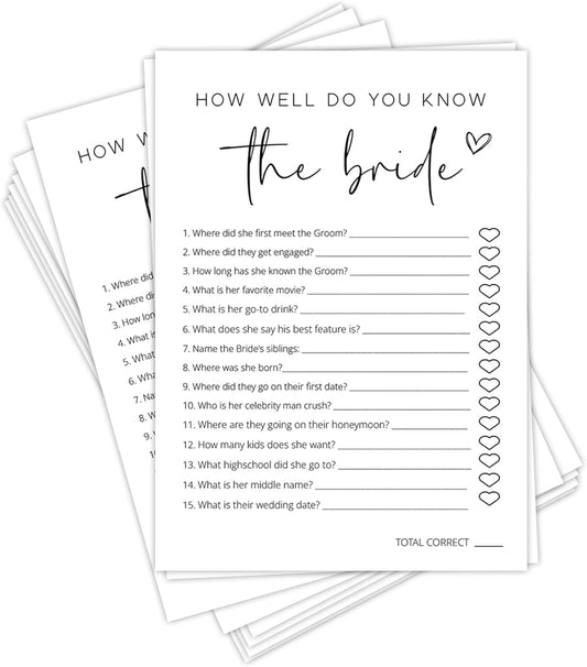 Bridal Shower Games, How Well Do You Know The Bride, 25Pcs Minimalist White Double-Sided Bridal Game Cards, Wedding Shower Games for Guests, Engagement Bachelorette Party Supplies - A11