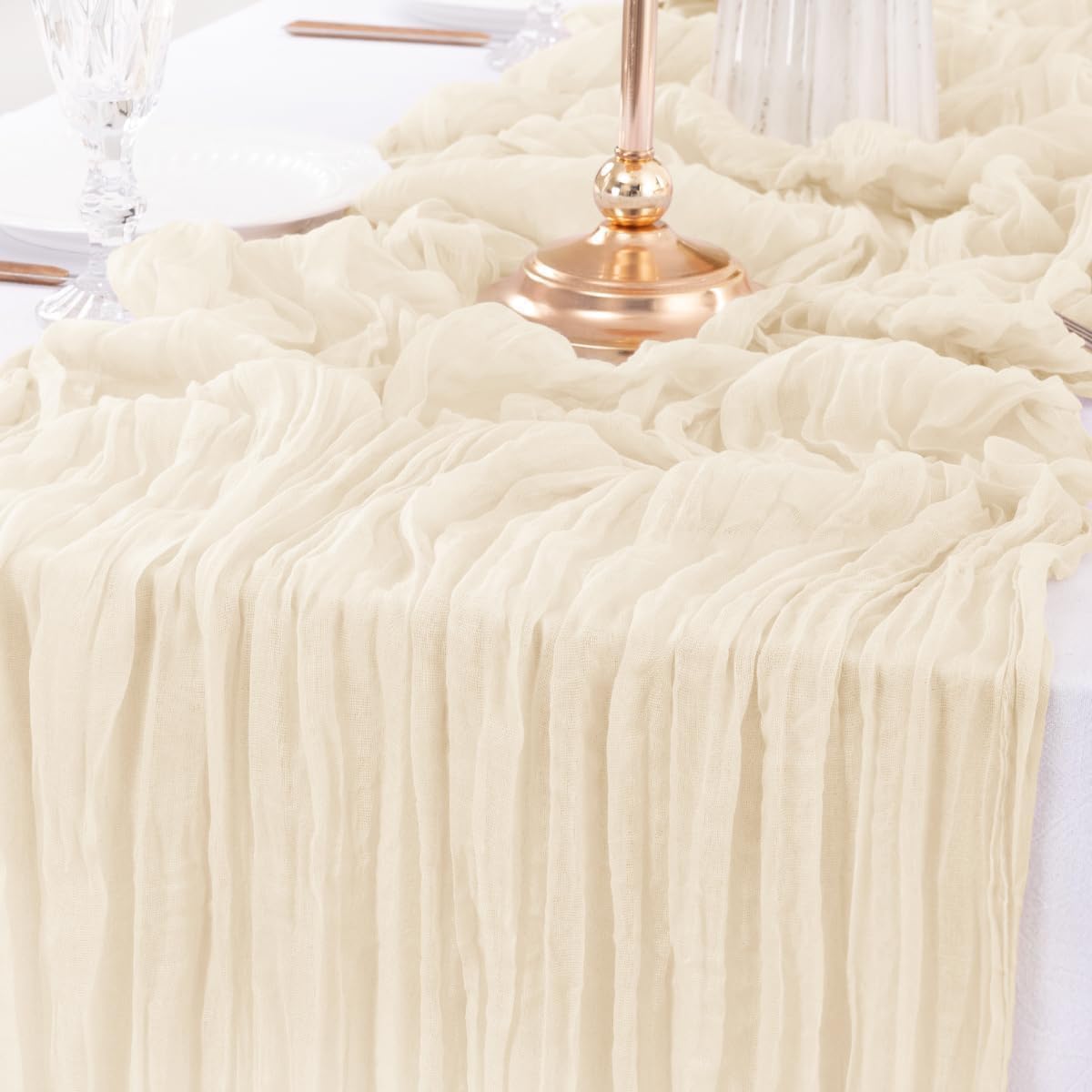 12Pcs Beige Cheesecloth Table Runner 120 Inch10FT Beige Rustic Boho Cheesecloth Table Runnerfor Wedding Party Baby Shower Birthday Home Decor Holiday Decorations