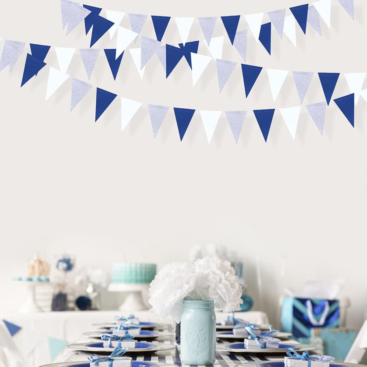 30 Ft Navy Blue White and Silver Party Decorations Royal Blue Triangle Flag Pennant Banner Bunting for Graduation Birthday Wedding Bridal Shower Nautical Ahoy Achor Theme Party Decorations Supplies