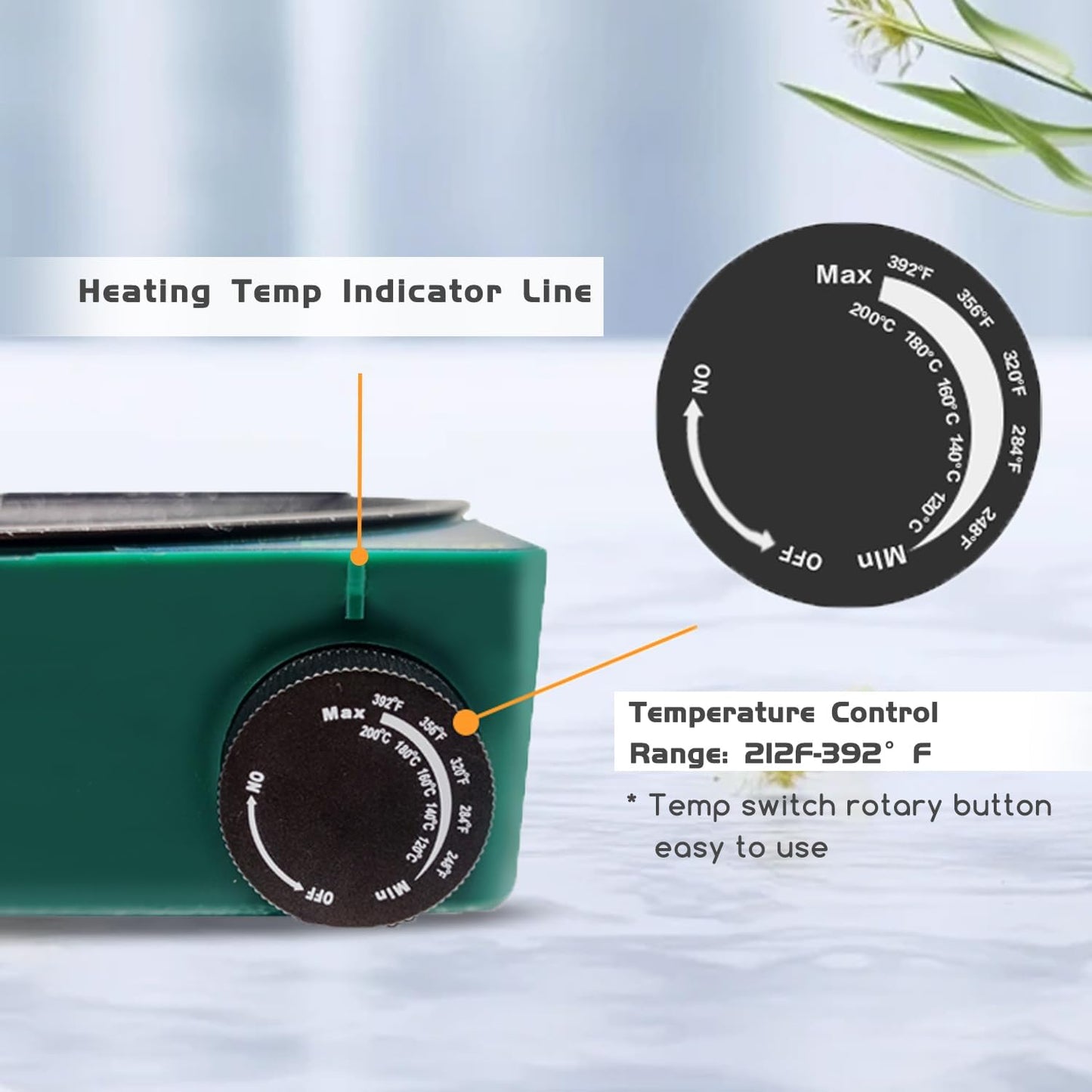 Floral Glue Pot Skillet for Crafts, Temperature Control Gage 212°F-392°F, 8.25in Diameter, Melting Pot for Glue Sticks Pellets and Beads with Degumming Stick